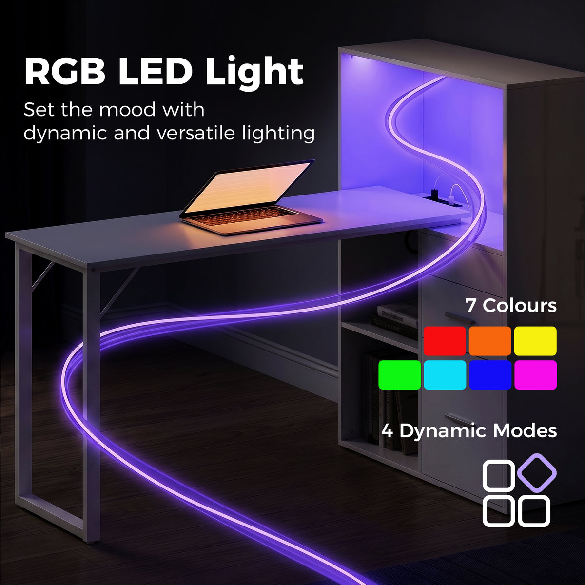Computer Desk with Drawers, Power Outlets and LED Lights