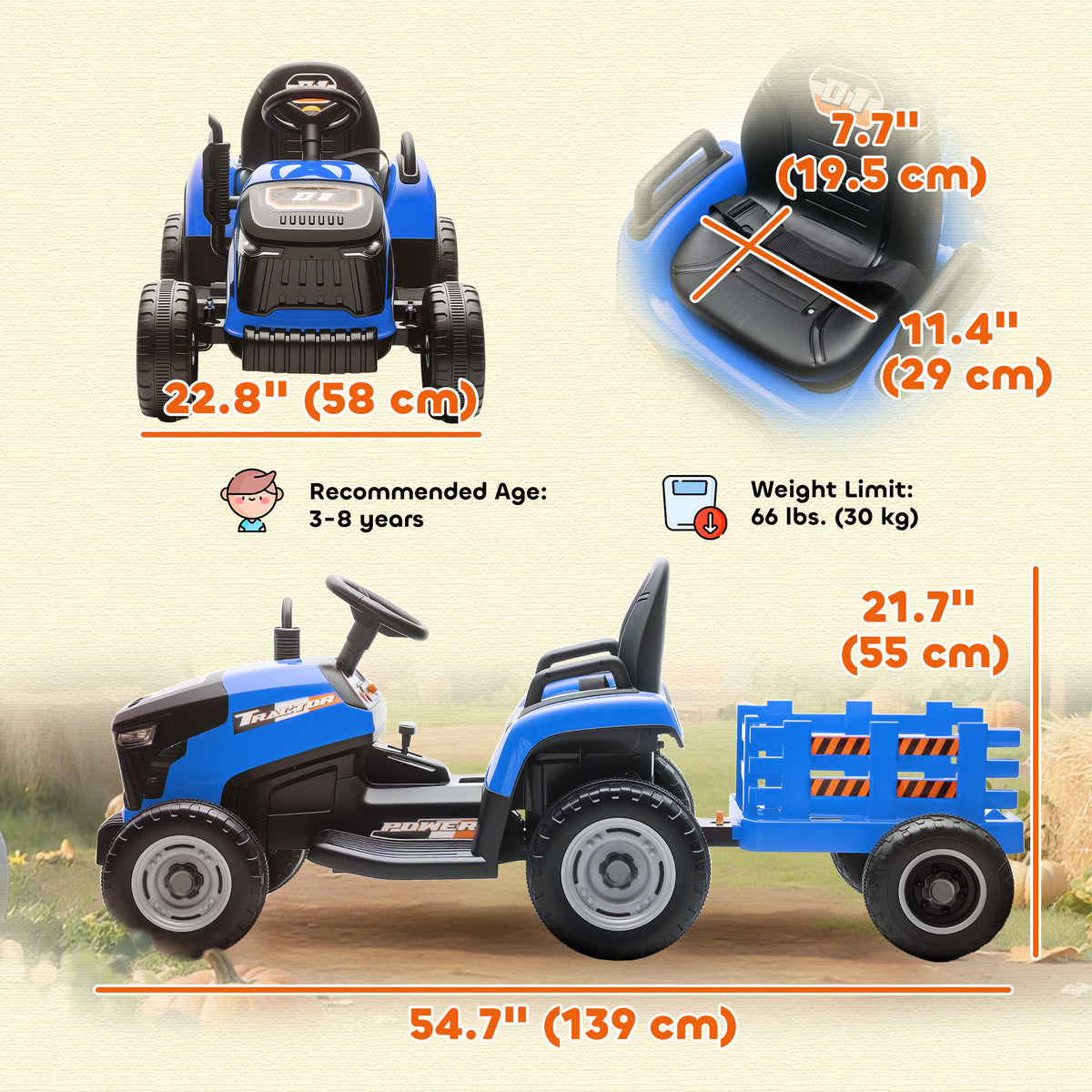 12V Kids Electric Ride-On Tractor with Trailer