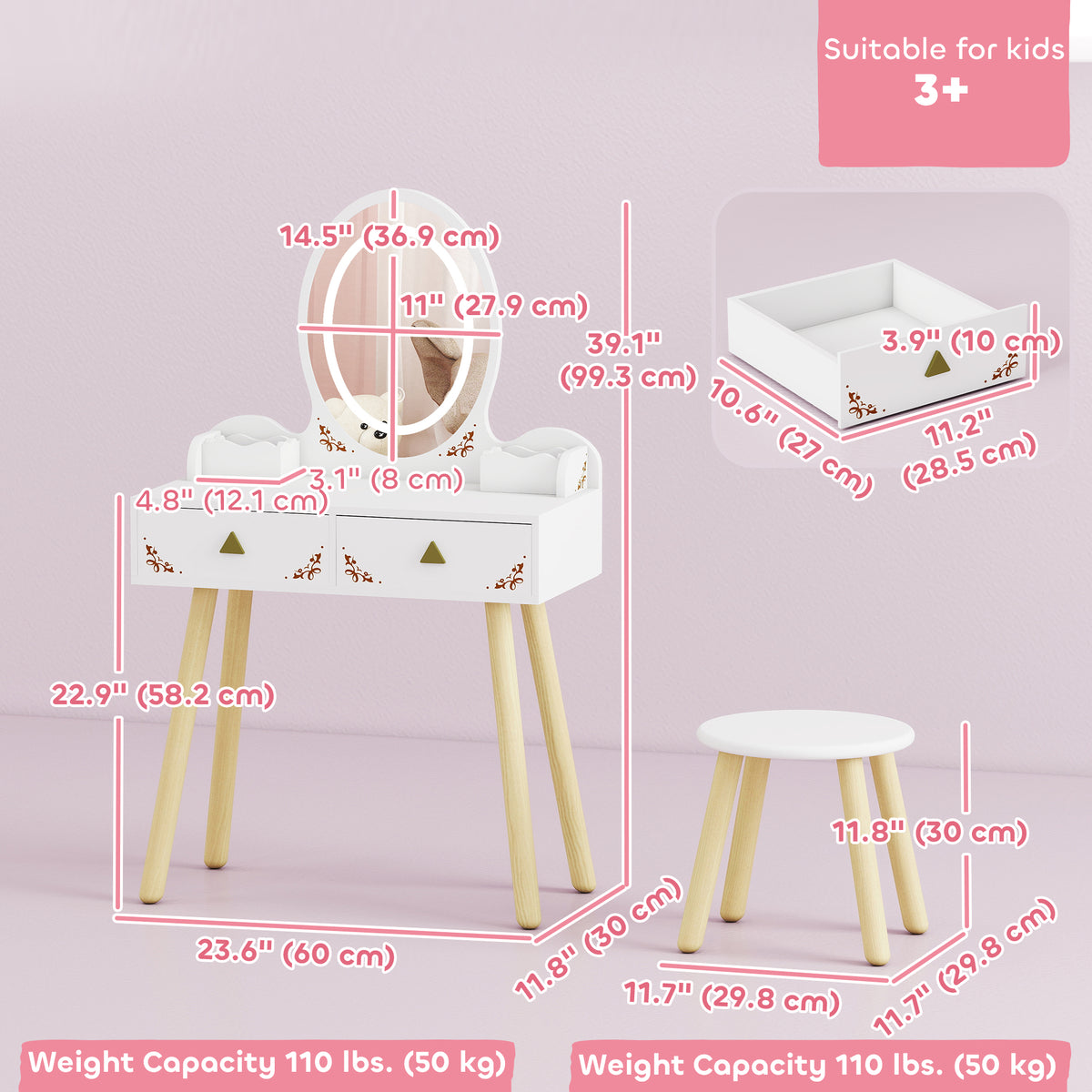 Kids Vanity Set with LED Mirror and Stool