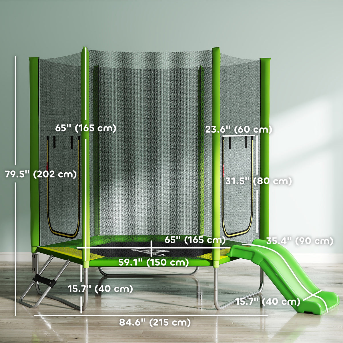 Kids Trampoline with Safety Net and Slide 215 x 193 x 202 cm