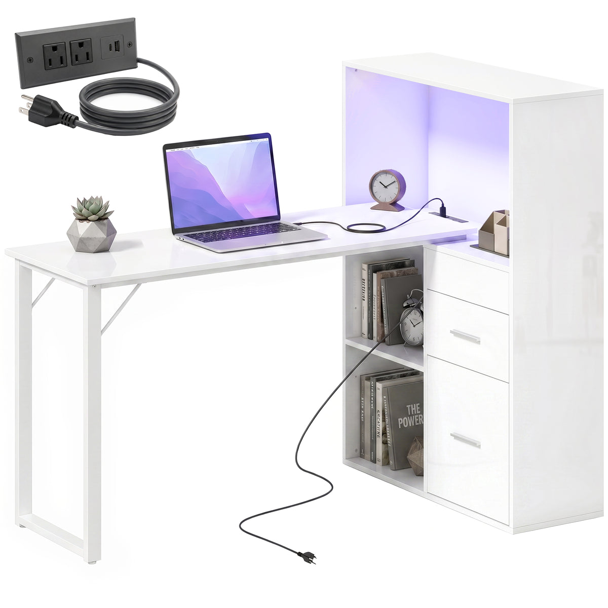 Computer Desk with Drawers, Power Outlets and LED Lights