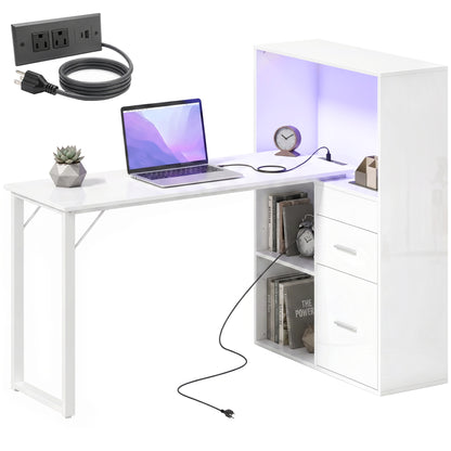 Computer Desk with Drawers, Power Outlets and LED Lights