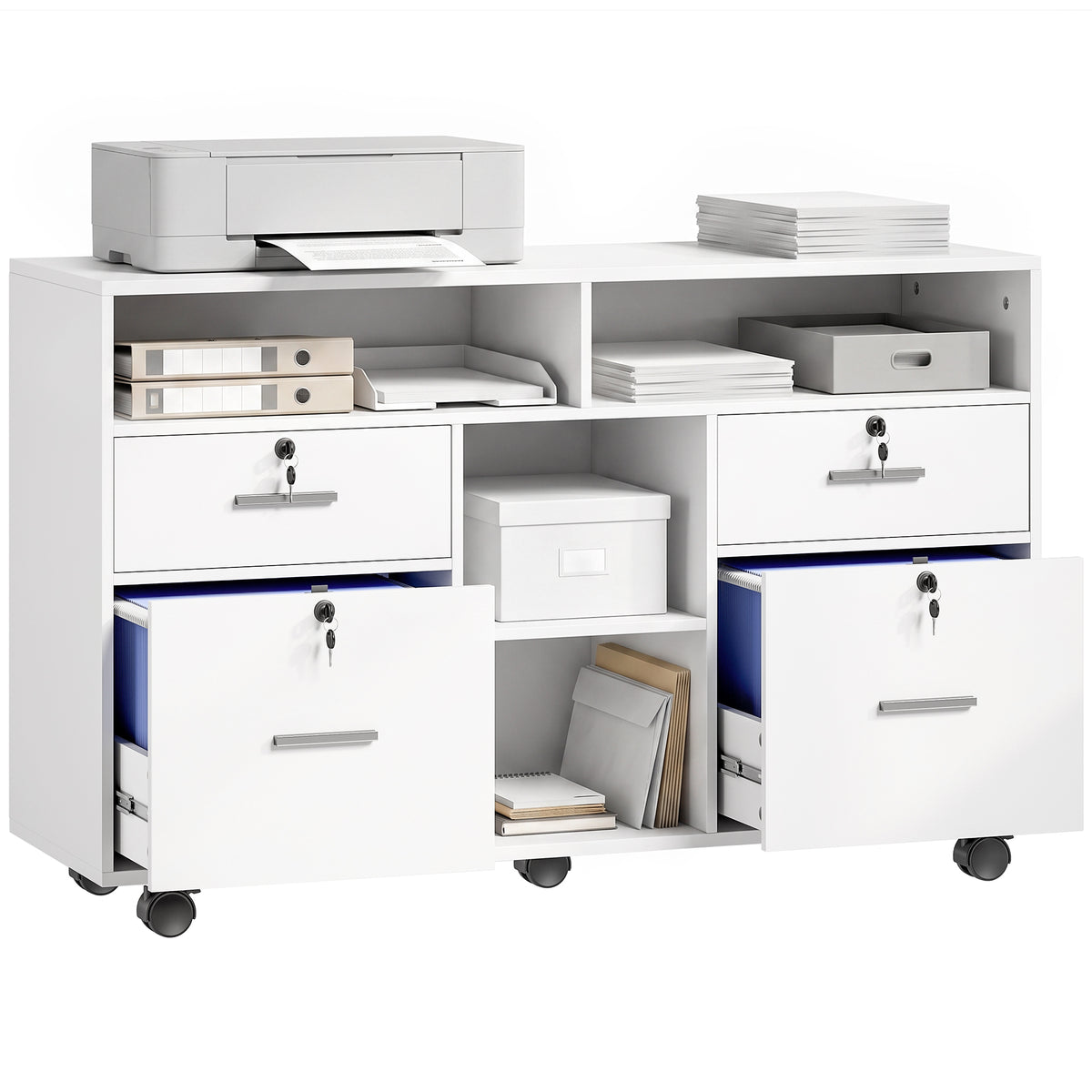 Mobile Locking File Cabinet with Open Shelves