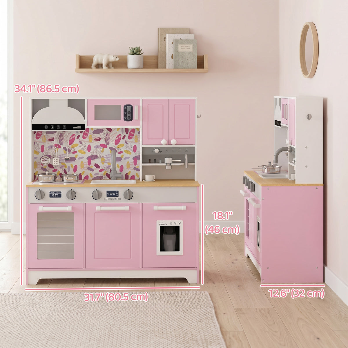Wooden kids play kitchen with coffee maker and accessories