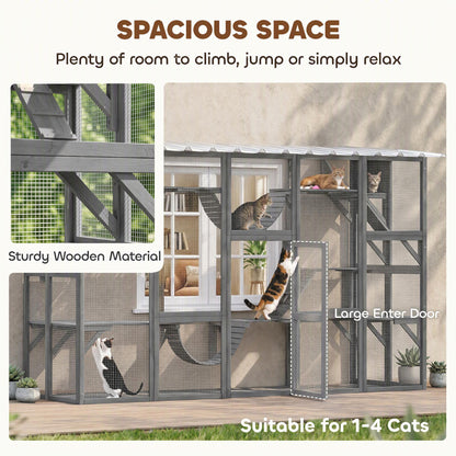 Large Outdoor Cat Enclosure with Condos and Platforms