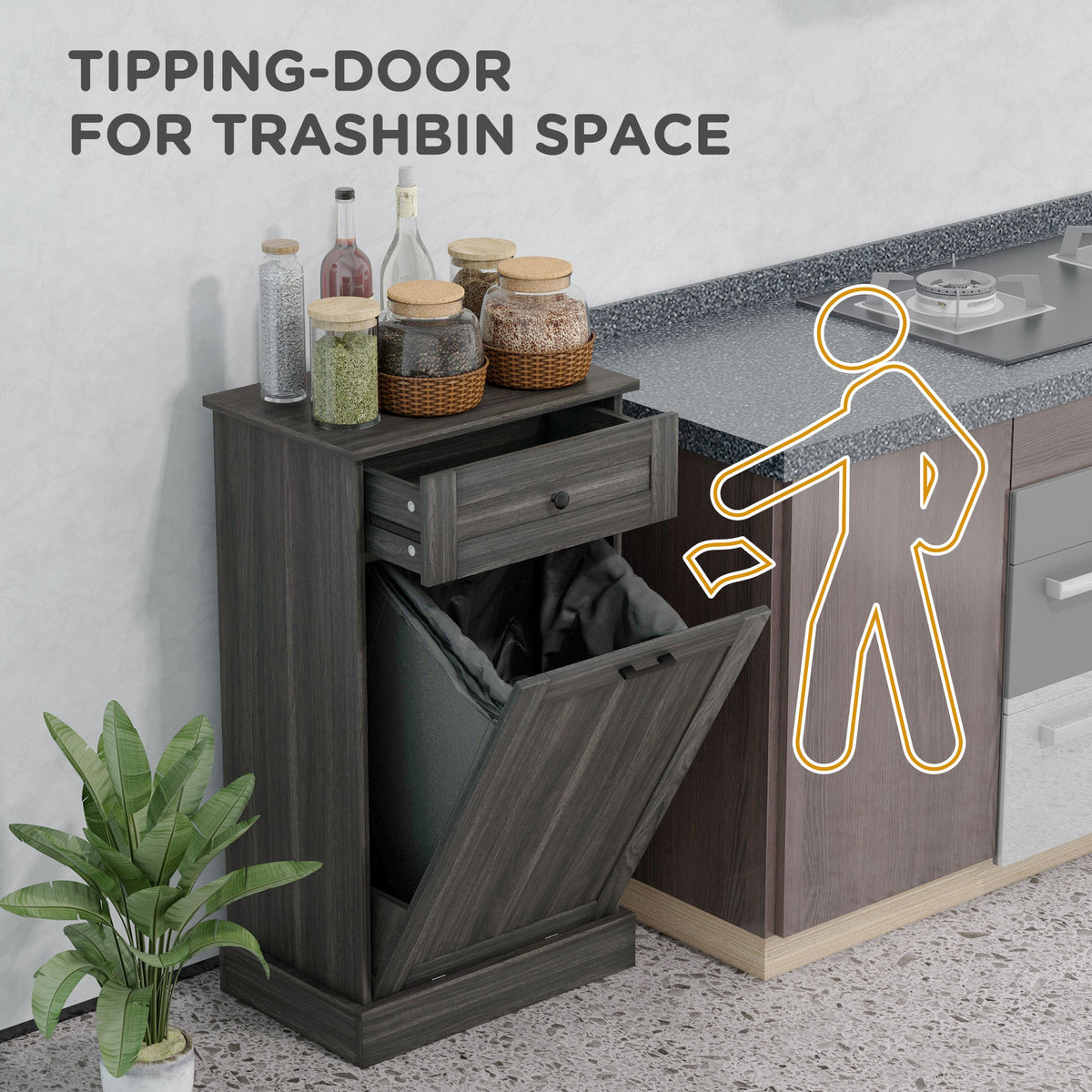 Tilt out trash bin cabinet with drawer