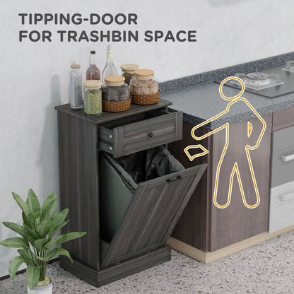 Tilt out trash bin cabinet with drawer