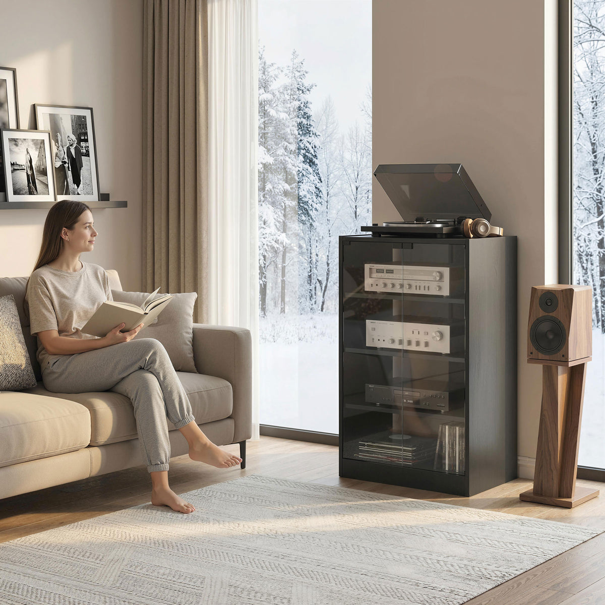 Mueble audiovisual de 5 niveles con puertas de cristal push-to-open