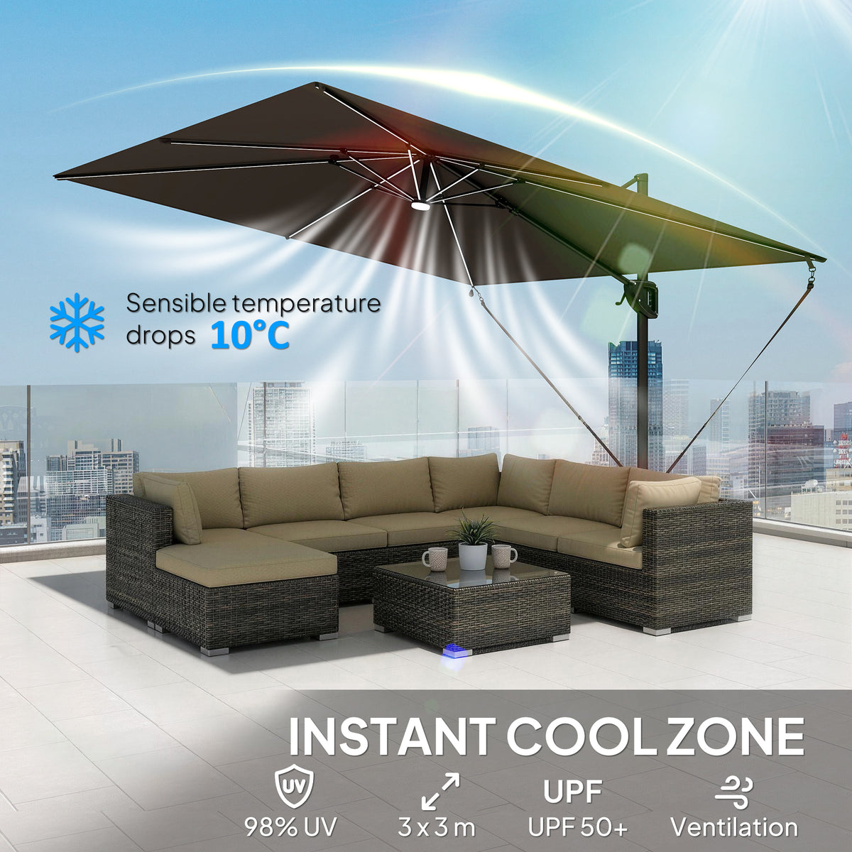 Offset Cantilever Patio Umbrella with Solar Lights UPF50+