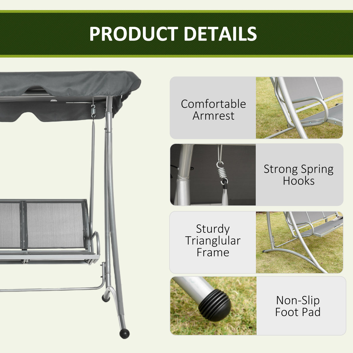 3-Person Patio Swing with Adjustable Canopy
