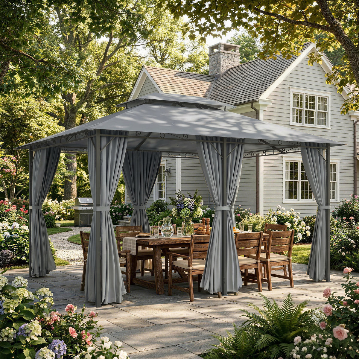 2-Tier Patio Gazebo with Removable Curtains