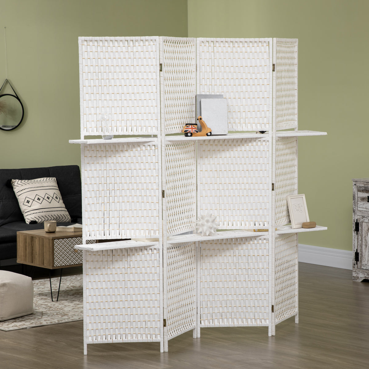 4-Panel Folding Room Divider with Shelves and Wood Frame