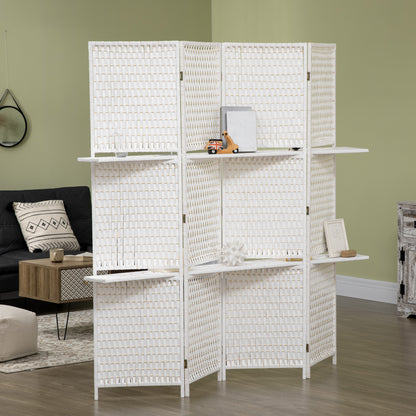 4-Panel Folding Room Divider with Shelves and Wood Frame