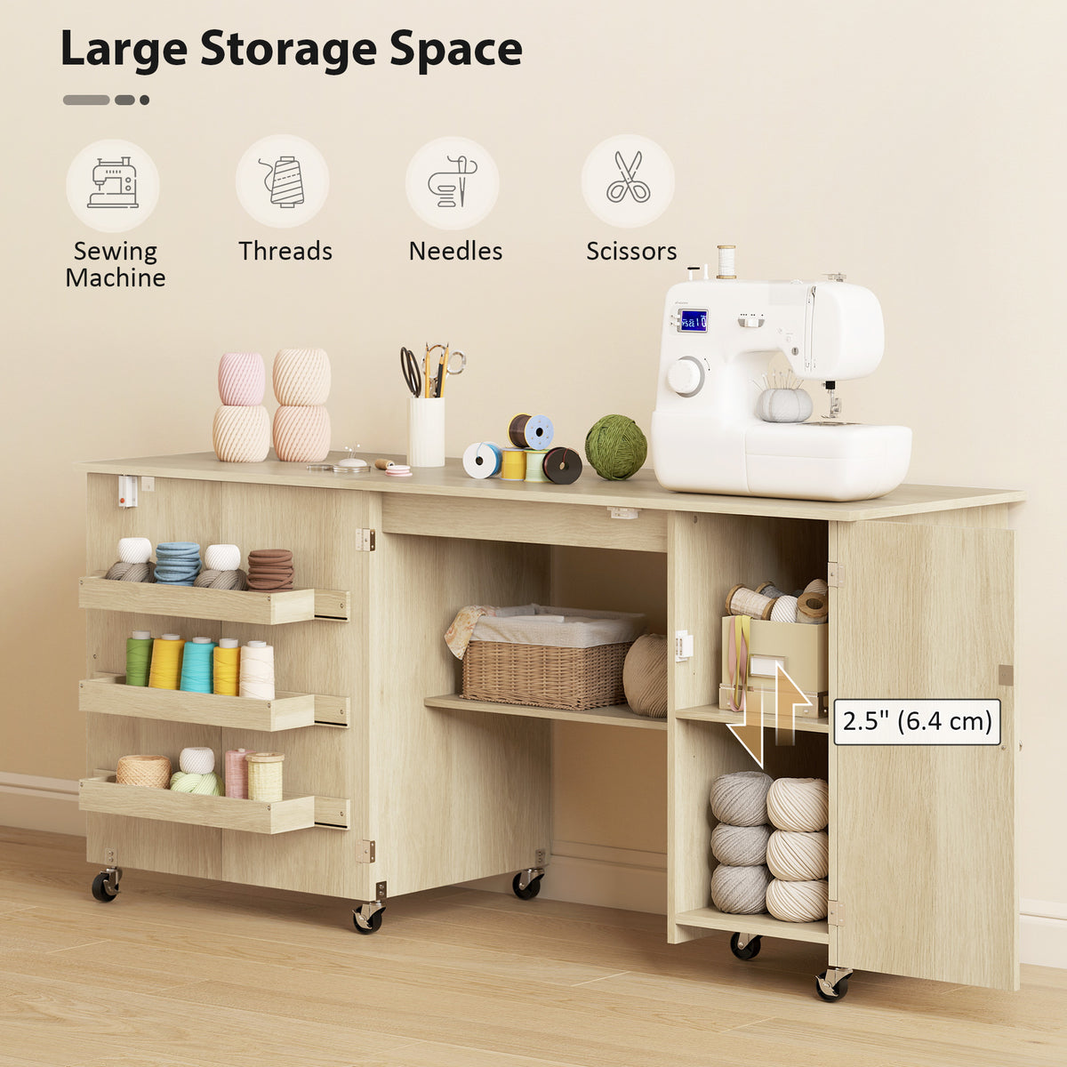 Folding Sewing Machine Table with Doors — Wood