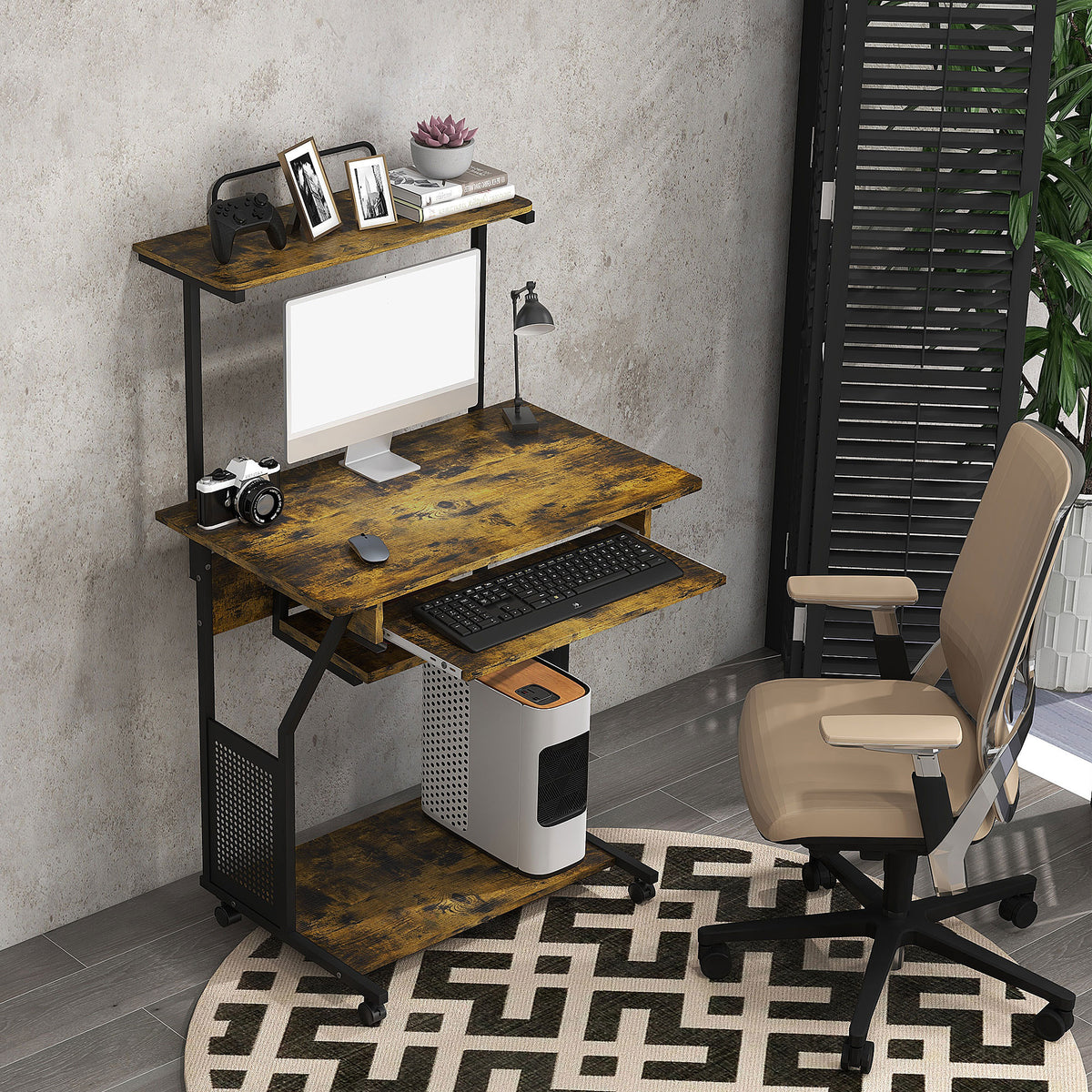 Mobile computer desk with shelves and rolling wheels