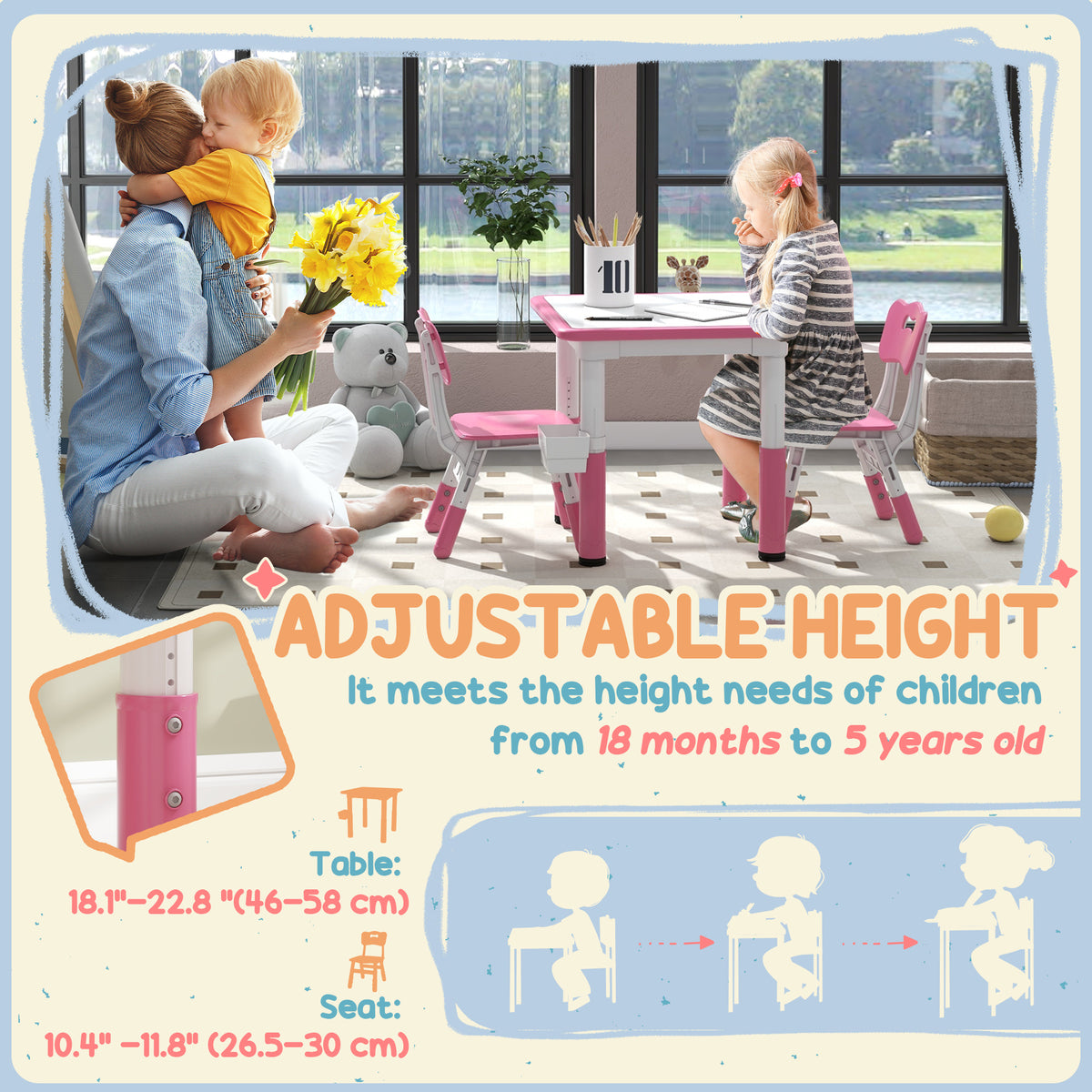 Kids Table and Chairs Set Adjustable — Set of 3