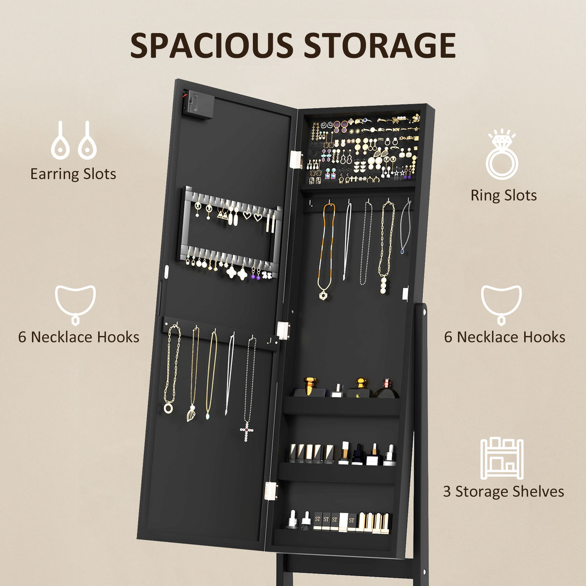 Standing Jewelry Armoire with Mirror and LED Lights
