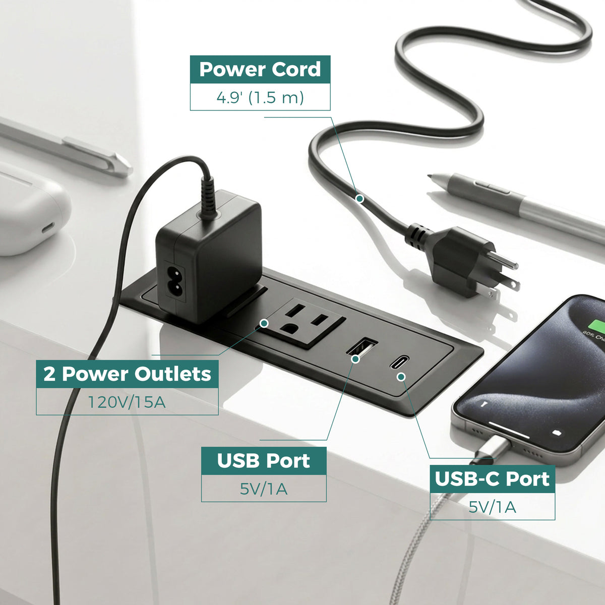 Computer Desk with Drawers, Power Outlets and LED Lights