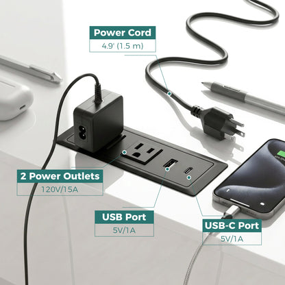 Computer Desk with Drawers, Power Outlets and LED Lights