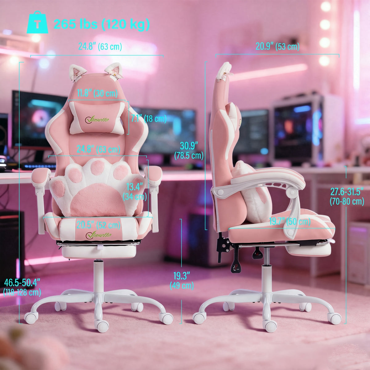 Silla de juego ergonómica con orejeras de gato