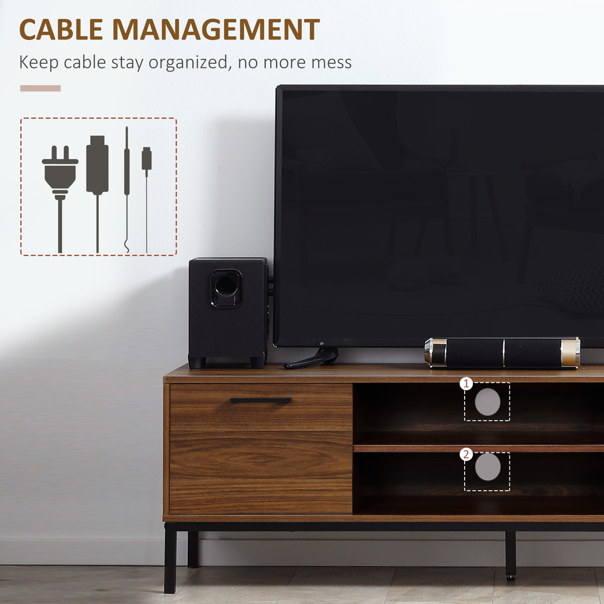 Modern TV stand with storage and open shelves