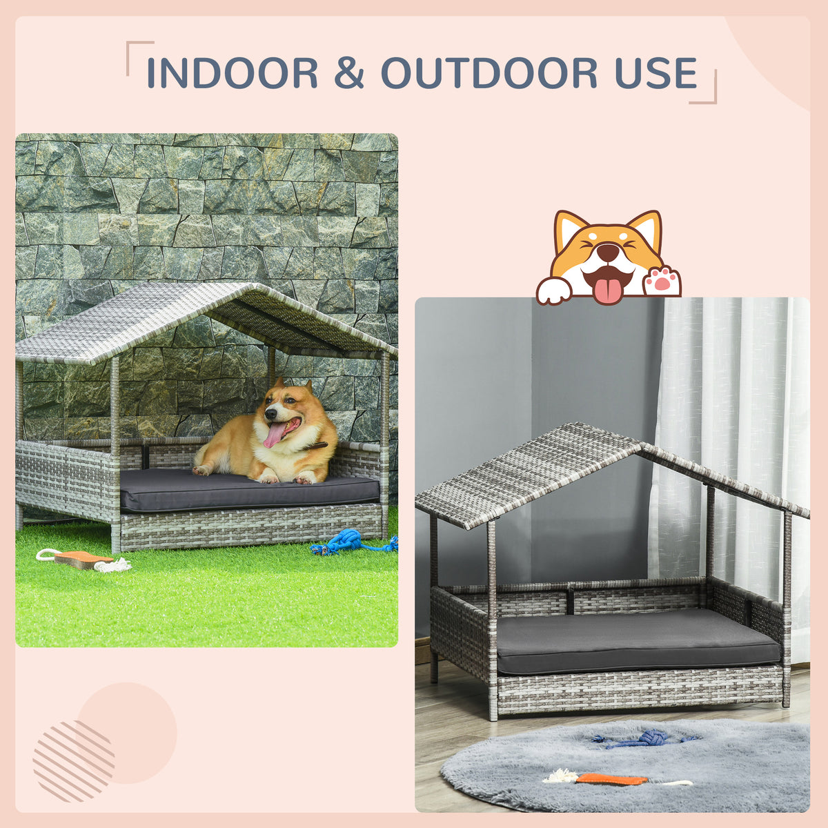 Elevated Rattan Dog House with Canopy Shelter