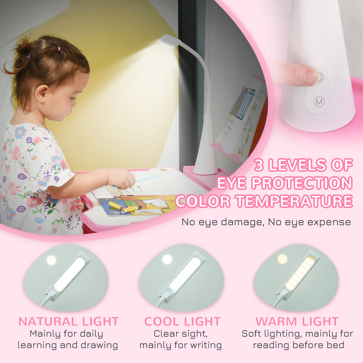 Escritorio infantil ajustable con silla y lámpara LED