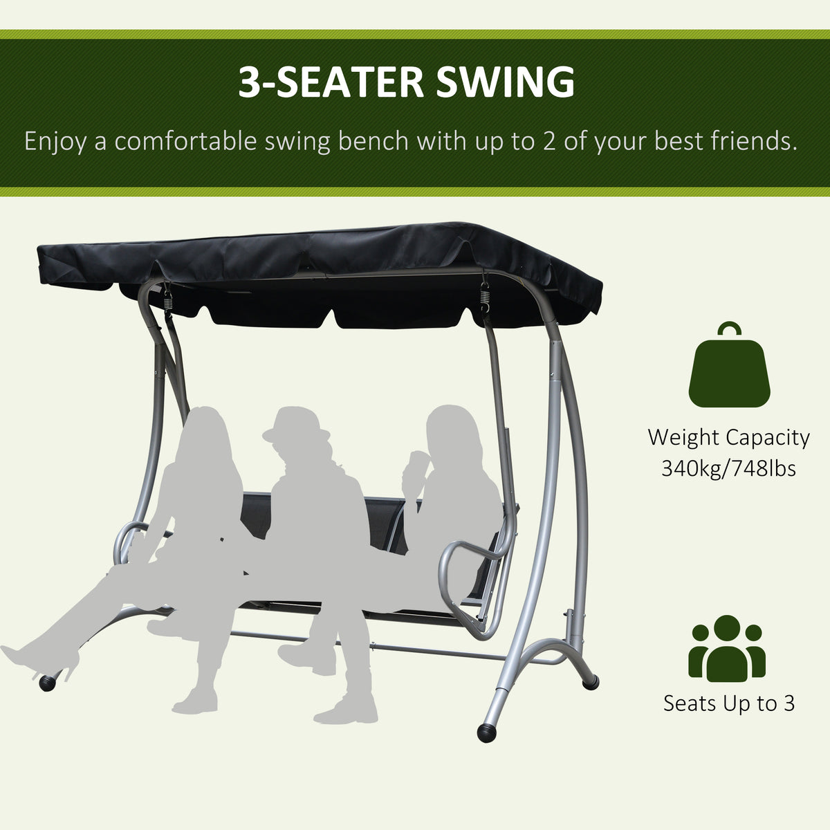 3-Person Patio Swing with Adjustable Canopy