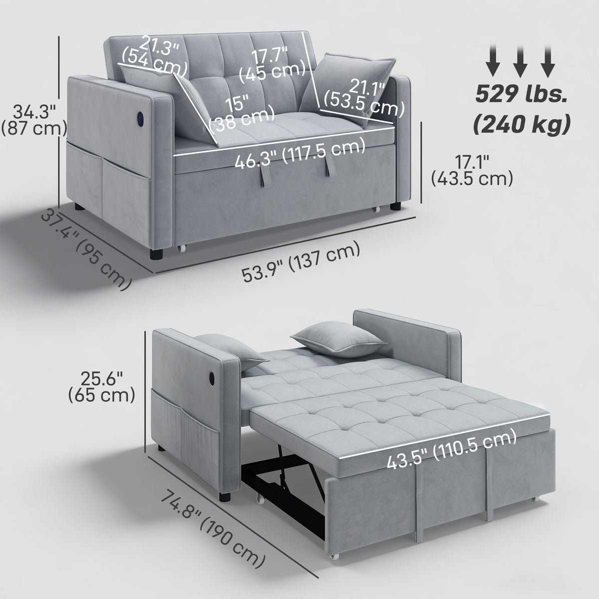 Convertible 3-in-1 Sofa Bed with USB Charging