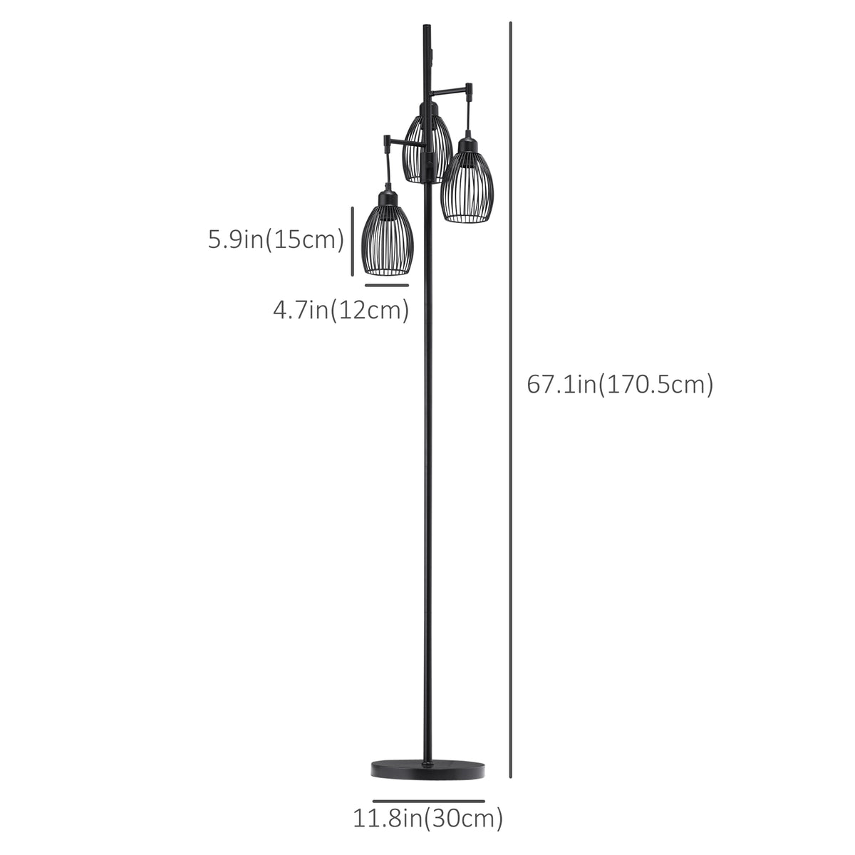 Industrial Floor Lamp 3 Hanging Cage Shades, Dimmable