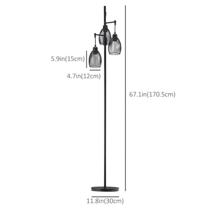 Industrial Floor Lamp 3 Hanging Cage Shades, Dimmable