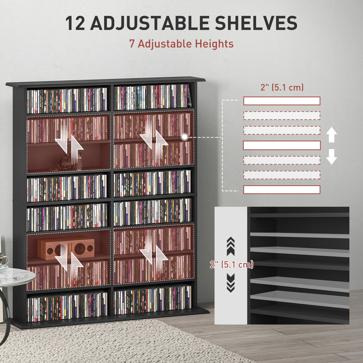 Biblioteca multimedia de 8 niveles y 16 compartimentos ajustables