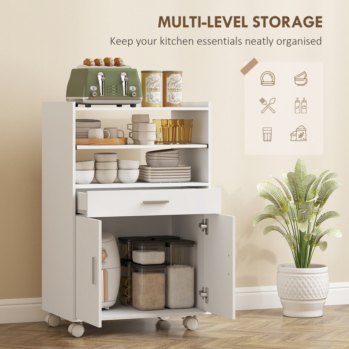 Kitchen cart on wheels with storage and drawer
