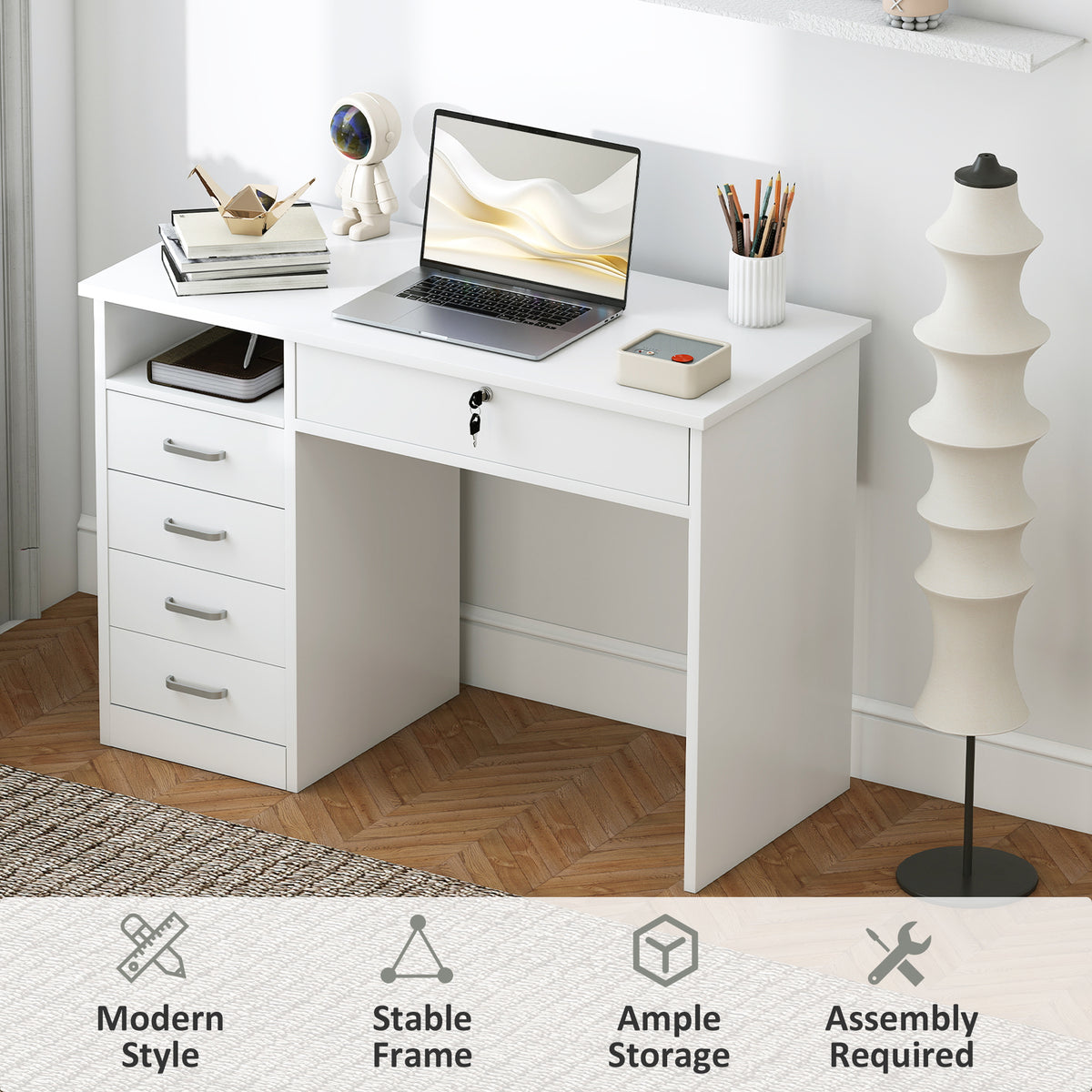 Computer Desk with Lockable Drawer and Storage