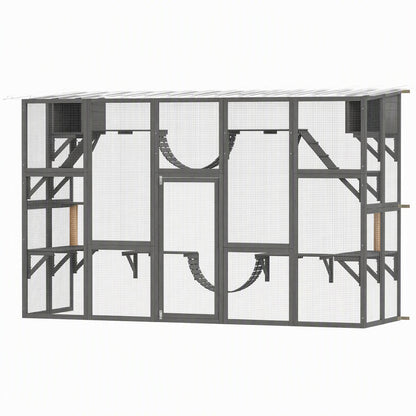 Large Outdoor Cat Enclosure with Condos and Platforms