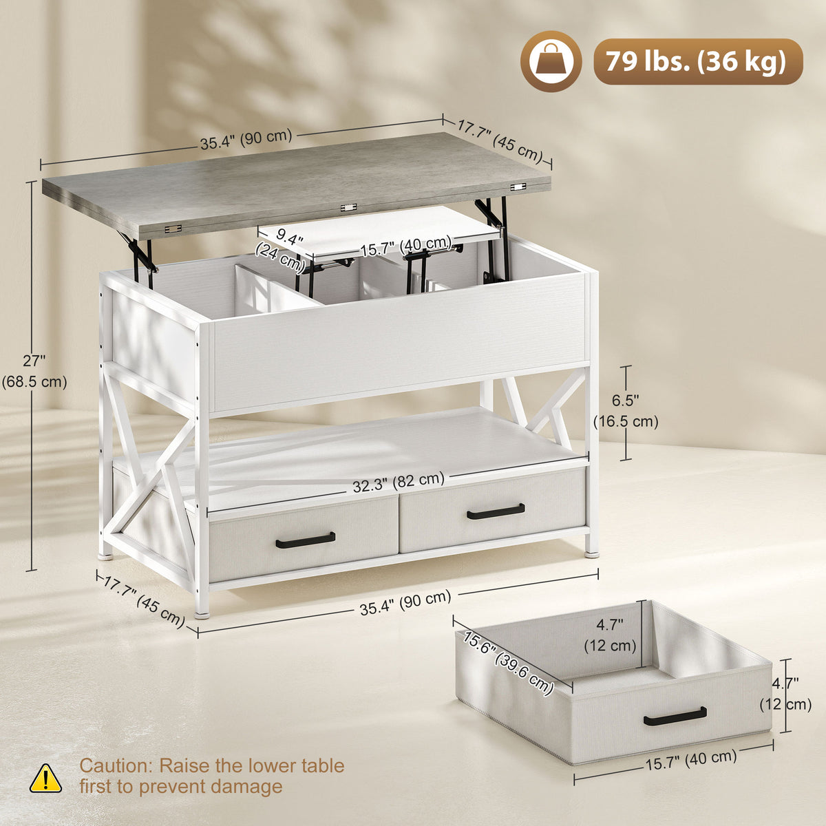 Modern lift top coffee table with storage drawers