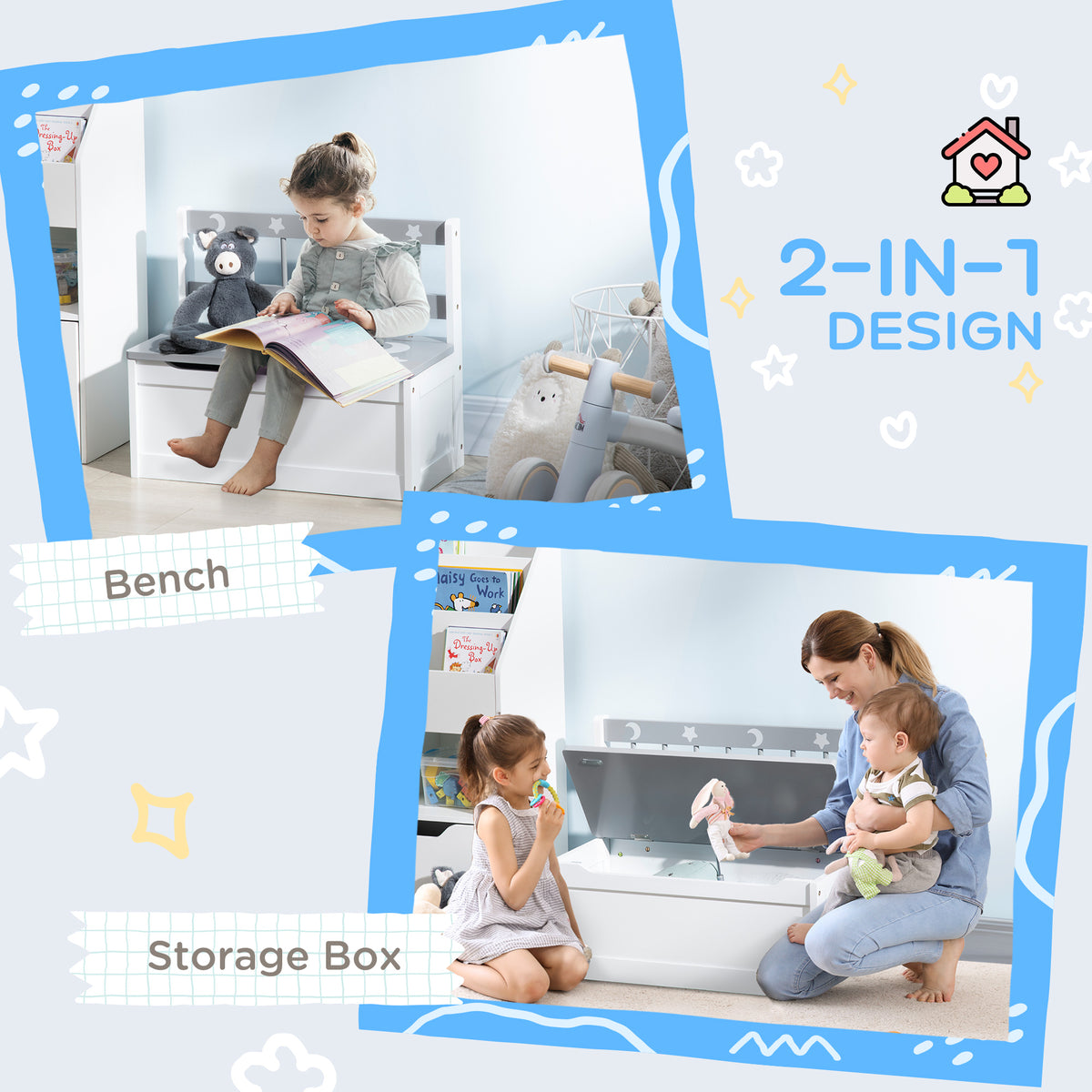 Kids toy box storage chest with backrest