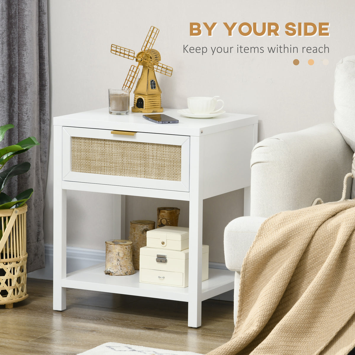 Boho Nightstand with Rattan Drawer
