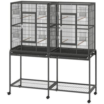 Large Rolling Bird Cage with Perches and Feeder Cups