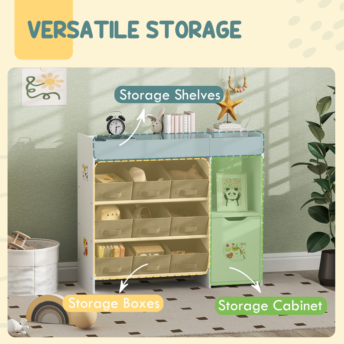Toy storage organizer with bins and cabinet