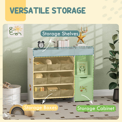 Toy storage organizer with bins and cabinet