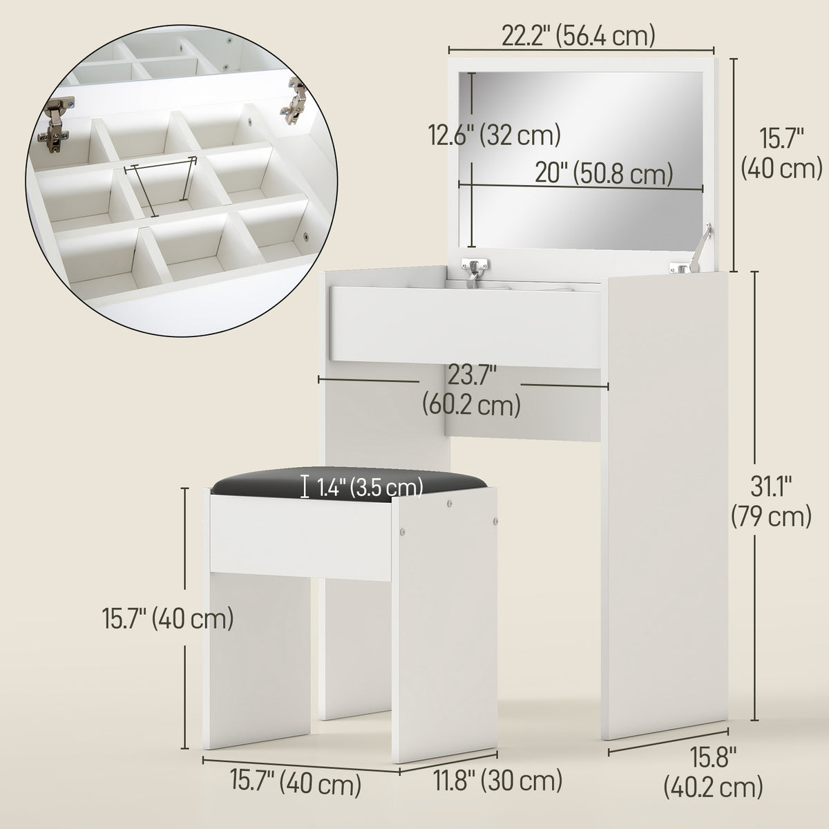 Modern vanity table with flip top mirror and cushioned stool