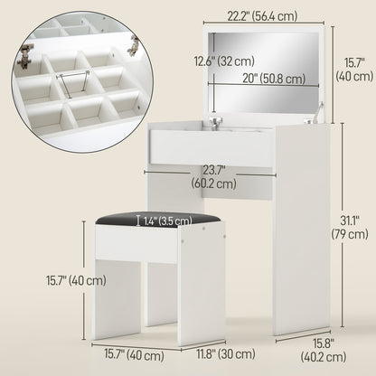 Modern vanity table with flip top mirror and cushioned stool
