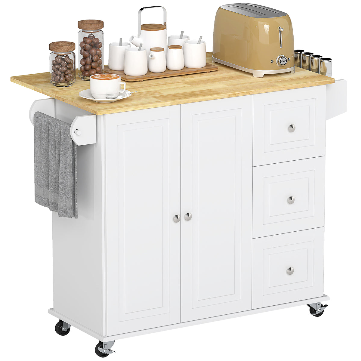 Kitchen Island on Wheels with Drop Leaf and Drawers