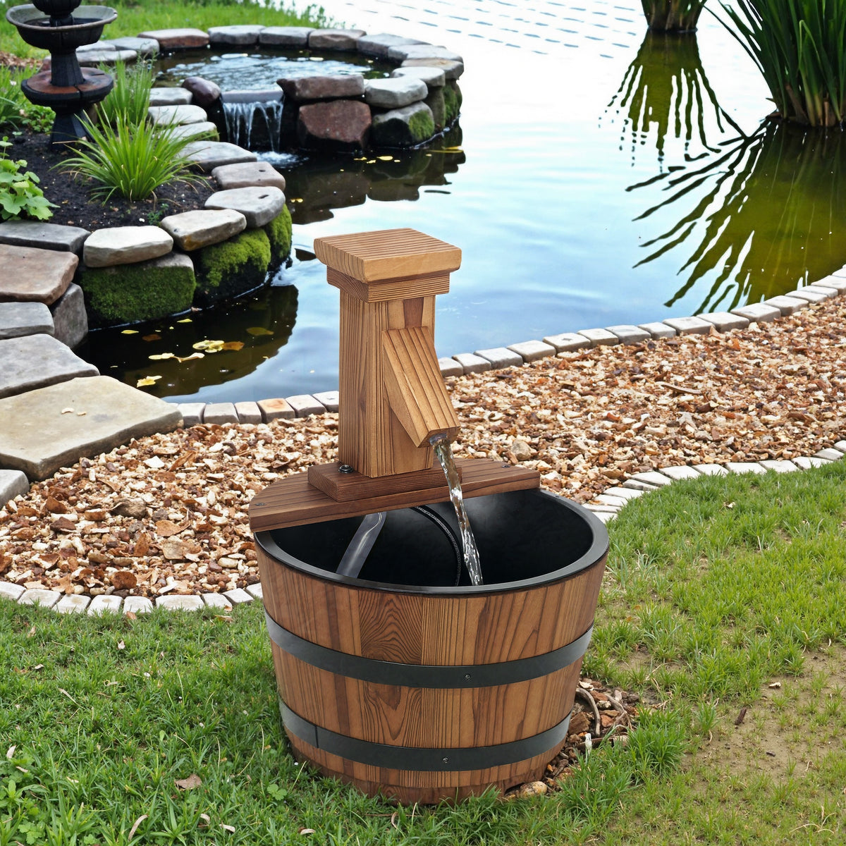 Fuente de jardín de barril de madera carbonizada