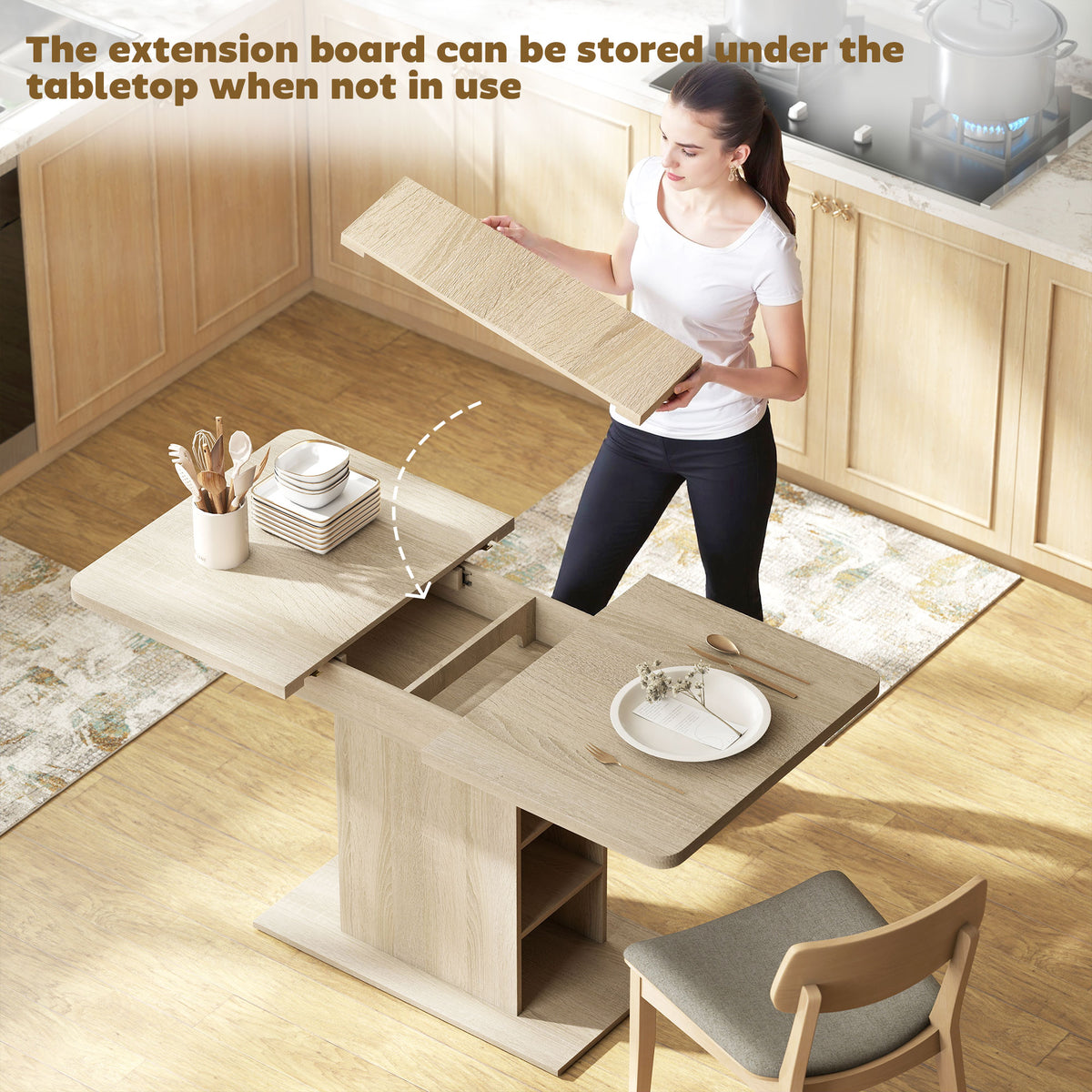 Mesa de comedor extensible con estantes integrados