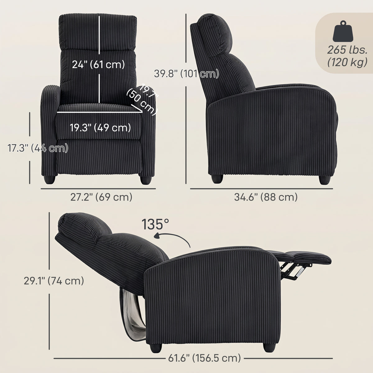 Manual Push-Back Recliner Chair in Corduroy