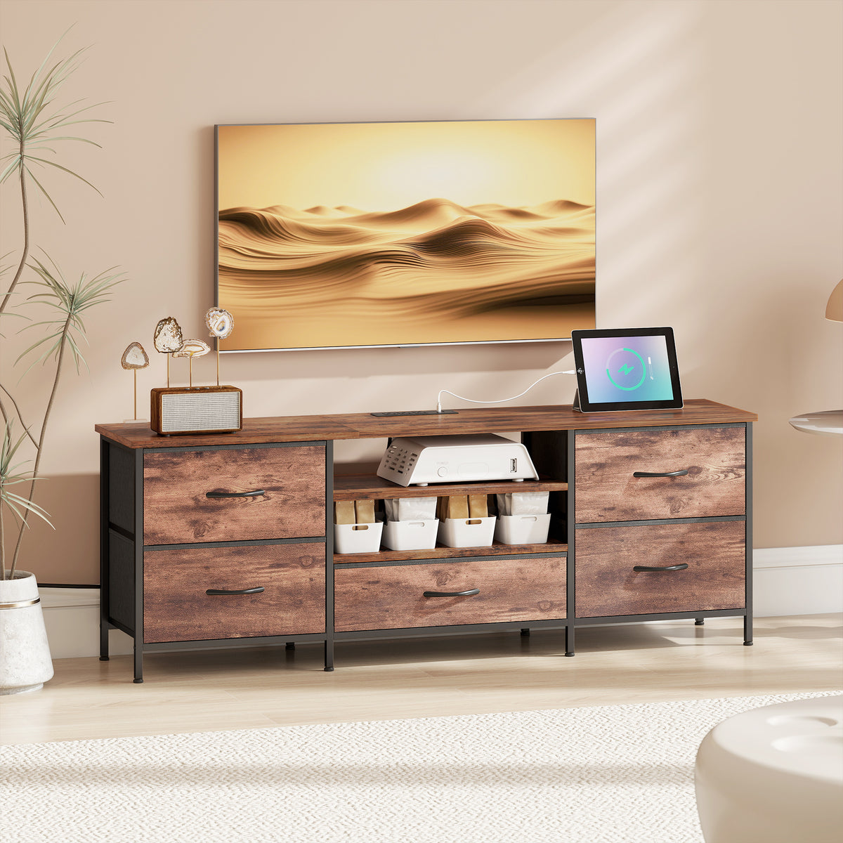 Industrial TV stand with storage and power strip