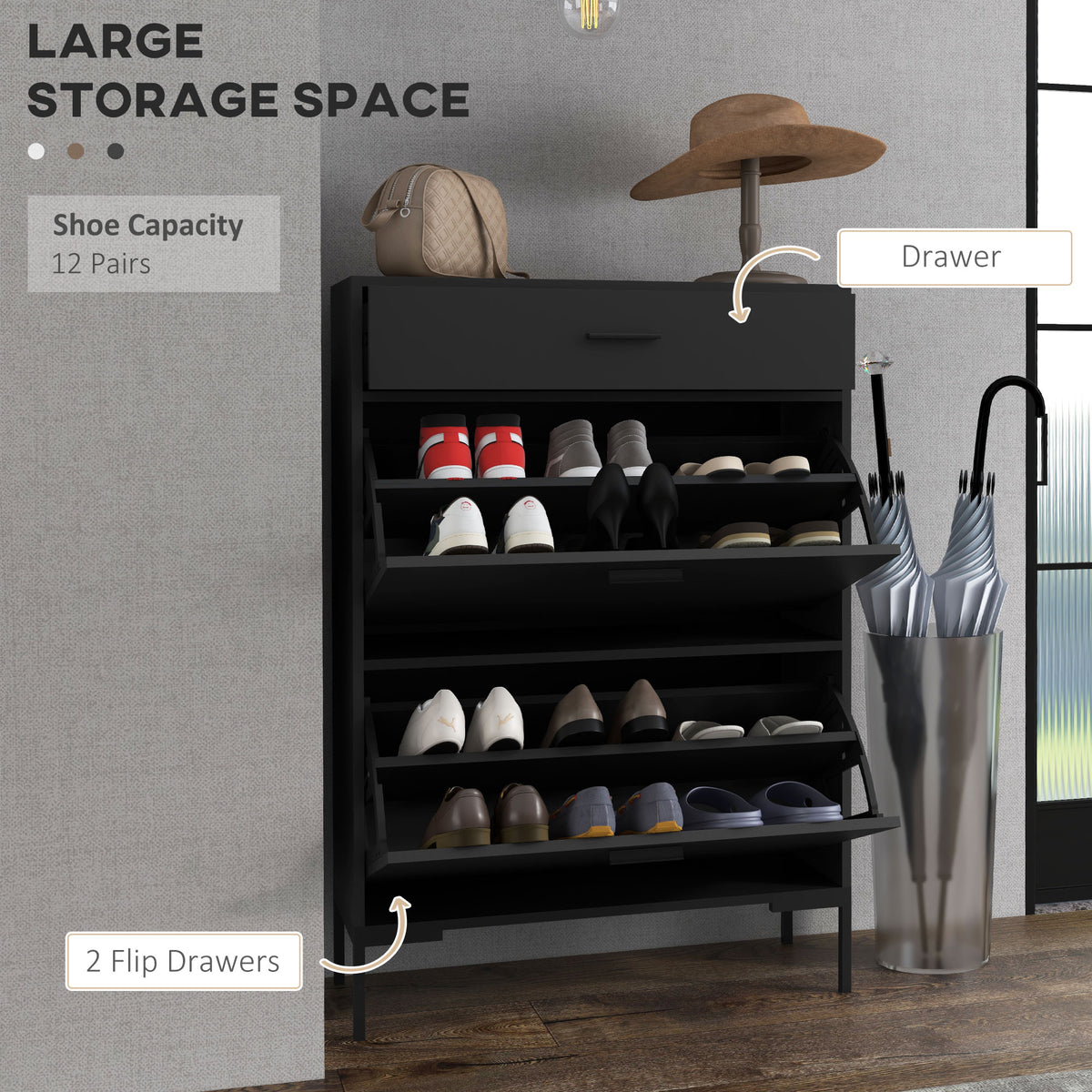 Modern shoe cabinet with two flip drawers
