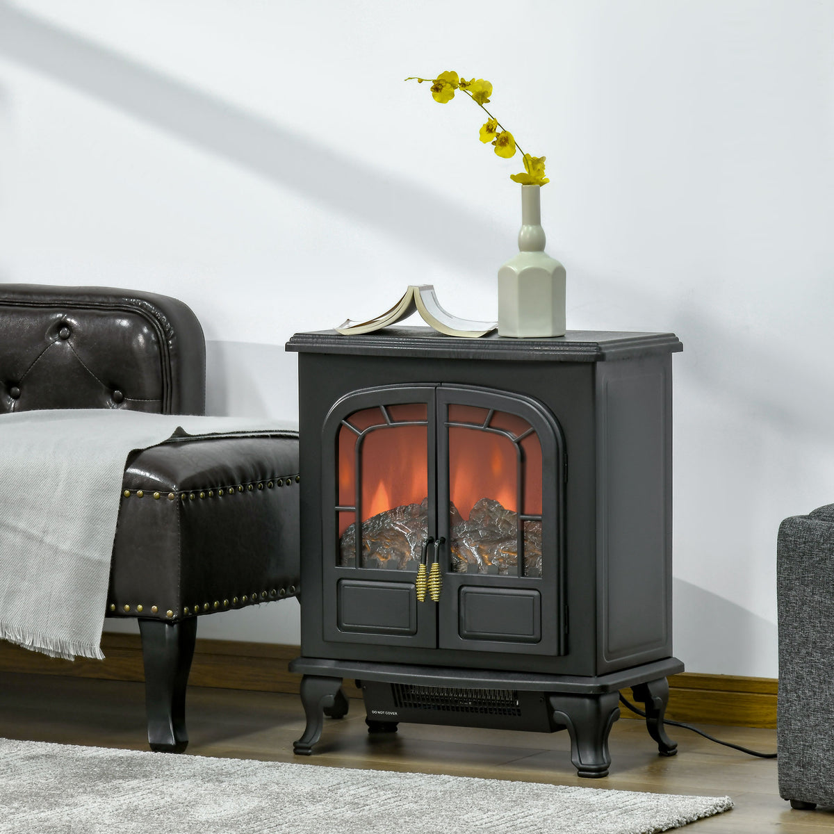 Electric Fireplace Stove Double Door with LED Flame Effect